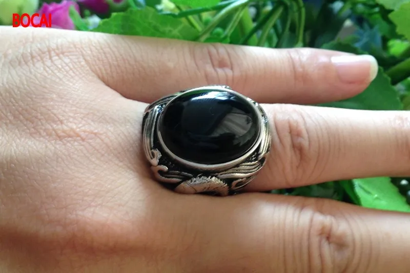 

Real S925 sterling silver with natural black agate silver ring