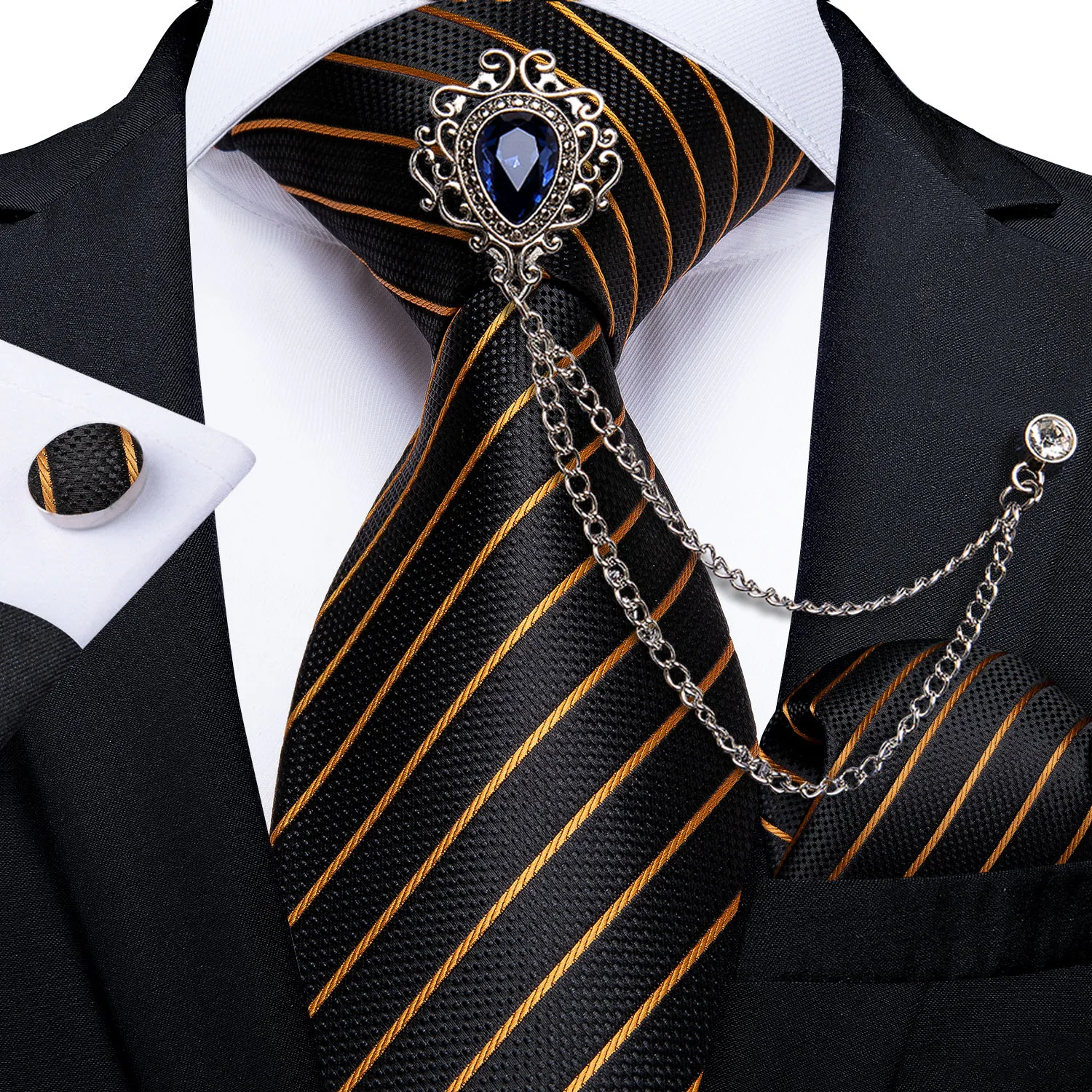 New Design Fashion Men Tie Pocket Square Brooch Chain Set 8cm Wide Silk