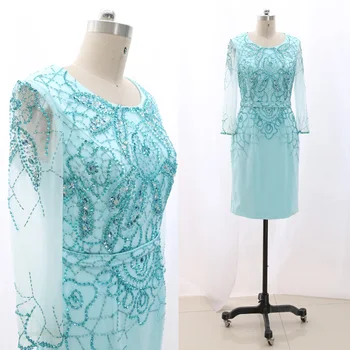 

MACloth Sky Blue Pencil O Neck Knee-Length Short Crystal Tulle Prom Dresses Dress M 267665 Clearance