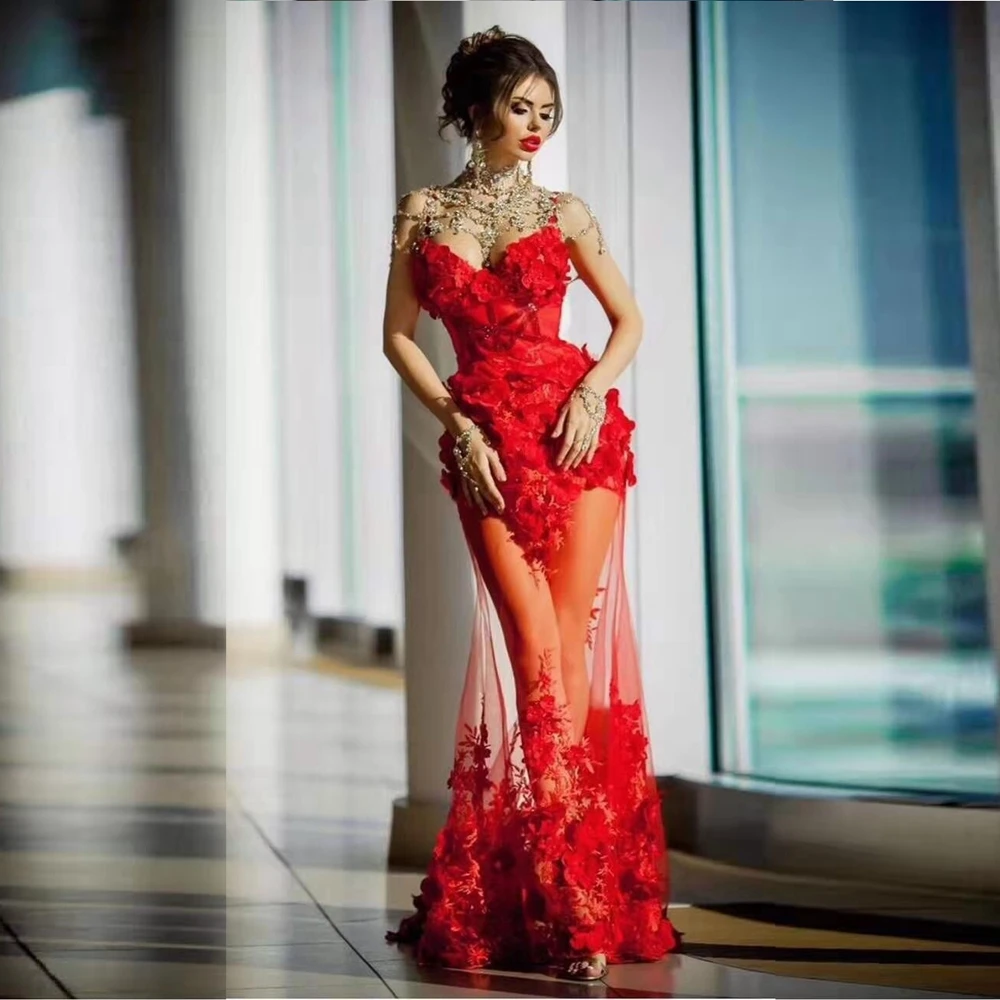 

2019 New Fashion Red Dress Spaghetti Strap Mesh Flowers Celebrity Eevning Party Long Maxi Dress Eelgant Backless Vestidos Festa