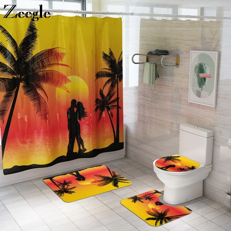Zeegle Bath Mat Set and Shower Curtain Anti Slip Toilet Pedestal Rug Absorbent Toilet Seat Cover Mat Washable Flannel Toilet Set