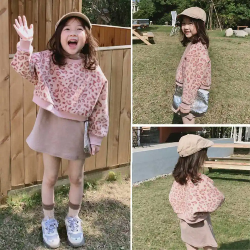 Платья для маленьких девочек; весенние милые комплекты одежды из 2 предметов с длинными рукавами; модное корейское платье с леопардовым принтом для маленьких девочек; комплект одежды