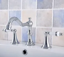 

Polished Chrome Brass Deck Mounted Dual Handles Widespread Bathroom 3 Holes Basin Faucet Mixer Water Taps mnf544