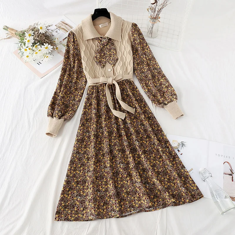 Женское весенне-осеннее платье 2021 повседневное эластичное вязаное лоскутное