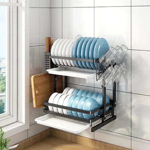 NewFolding stainless steel double deck drain dish rack for kitchen