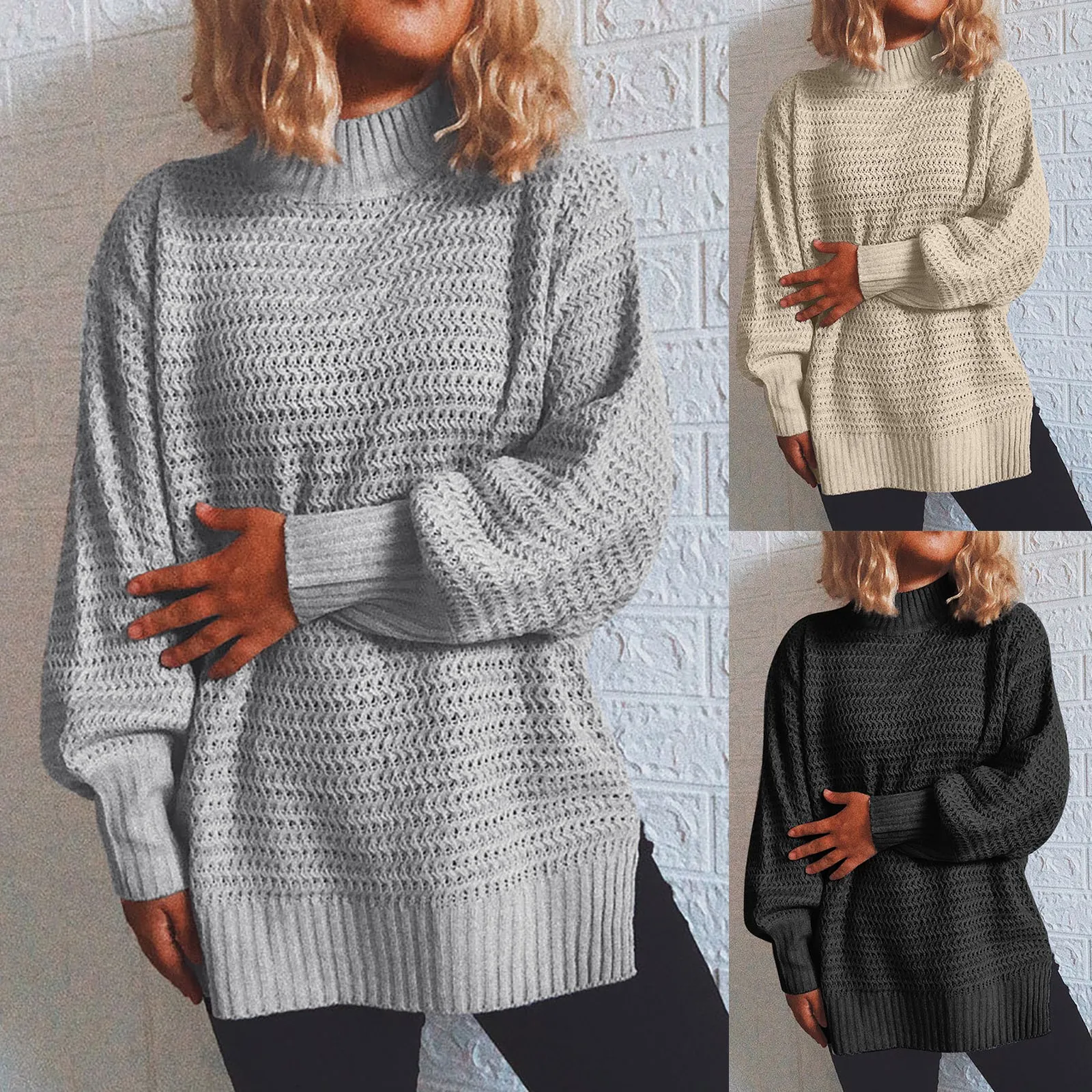 2021 Warm Fall Winter Sweaters Women High Neck Split hem Knitted Sweater Ladies Plus Size Pullover Tops Casual Female |