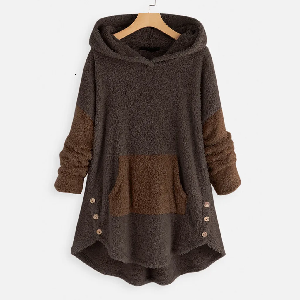 Women Hoodies Fleece Winter Warm Patchwork Plush Button Hem Hoodie Top Sweatshirt Pocket Oversize Hoodies Sweatshirts 2019