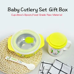 PINKAH Tableware 3 Pcs Set Suit 304 Stainless Steel Children's Cup Bowl Spoon Set Heat Preservation Bowl Feed Tableware