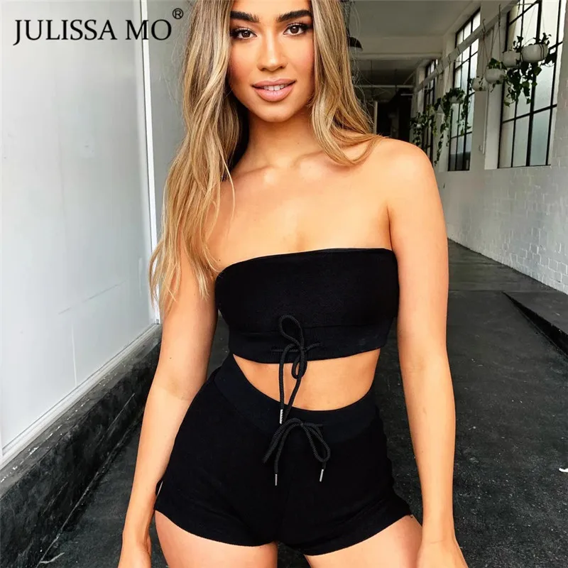 JULISSA MO сексуальный укороченный топ с открытыми плечами байкерские шорты комплект