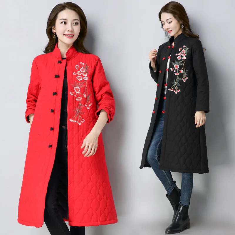 

3506 # Photo Shoot 2019 Ethnic-Style Female Winter Literature And Art Embroidered Long Frog Chinese-style Cotton-padded Clothes