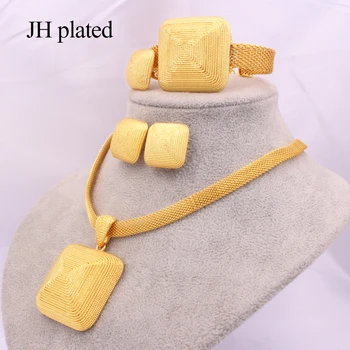 Dubai gold 24K Jewelry sets for women African bridal Wedding gifts party Necklace square earrings ring bracelet jewellery set