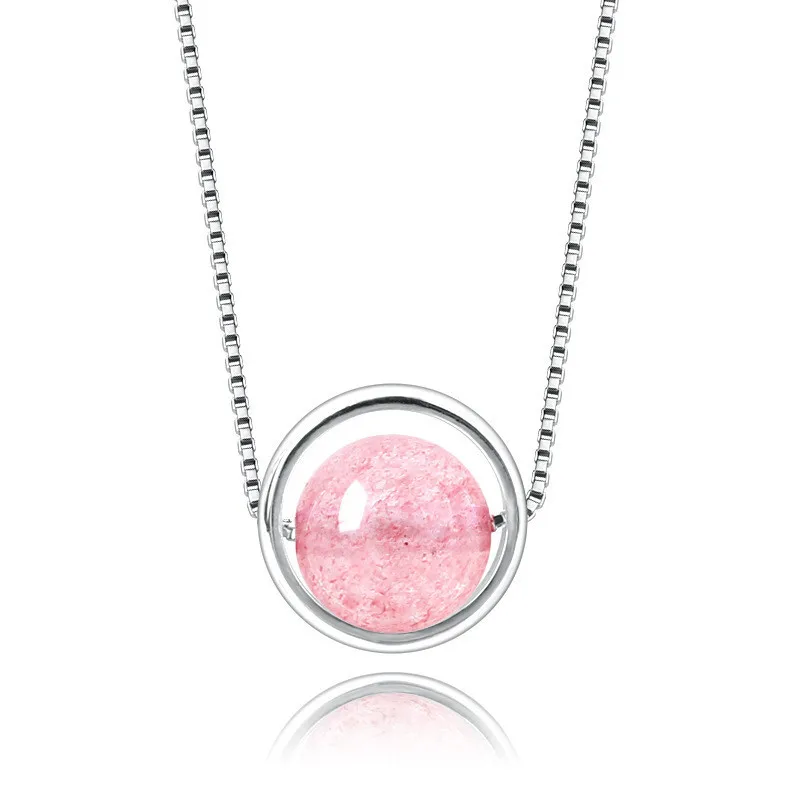 Necklaces Pendants For Women Solid S925 Silver 7mm-8mm Round Strawberry Quartz Moonstone Fine Jewelry Clavicular Chain Colar