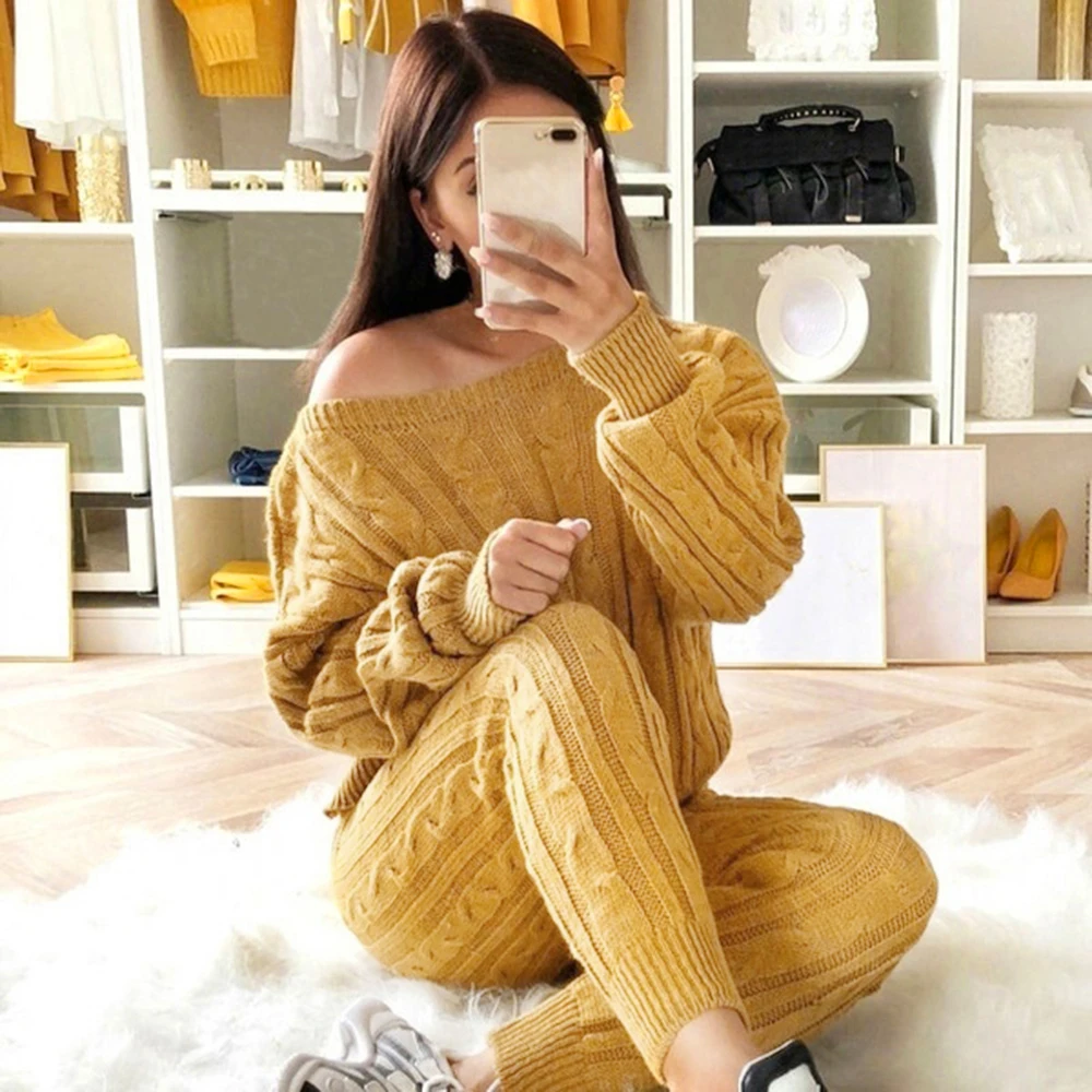 

Women Sweater Set Ladies Autumn Winter Warm Knitted Sets O Neck Solid Color Knitting Tops and Pants Set Outfits For Women 2019