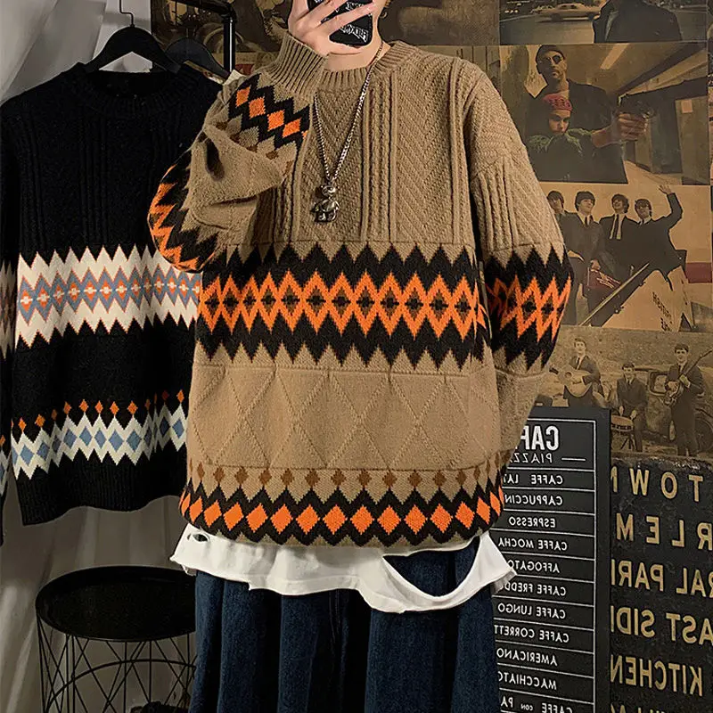 

Men's sweater 2020 autumn winter new slim solid color thick stripe print Mosaic long sleeve sweater loose youth men's wear