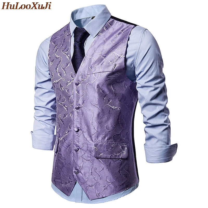 HuLooXuJi деловые жилеты для мужчин Slim Fit винтажный принт v-образный вырез Формальное приталенное платье костюмные жилеты Размер США: S-2XL