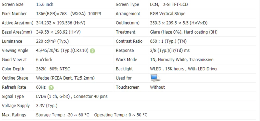 N156BGE-L21 B156XTN02 CLAA156WB11A N156B6-L04 N156B6-L0B BT156GW01 LP156WH4 TLA1 TLC1 B1