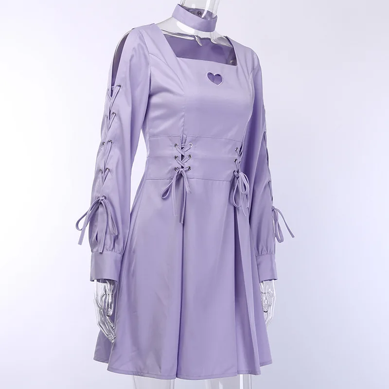 Fitshinling Готическая шнуровка чокер платье Осень Зима Тонкий гранж плиссированные