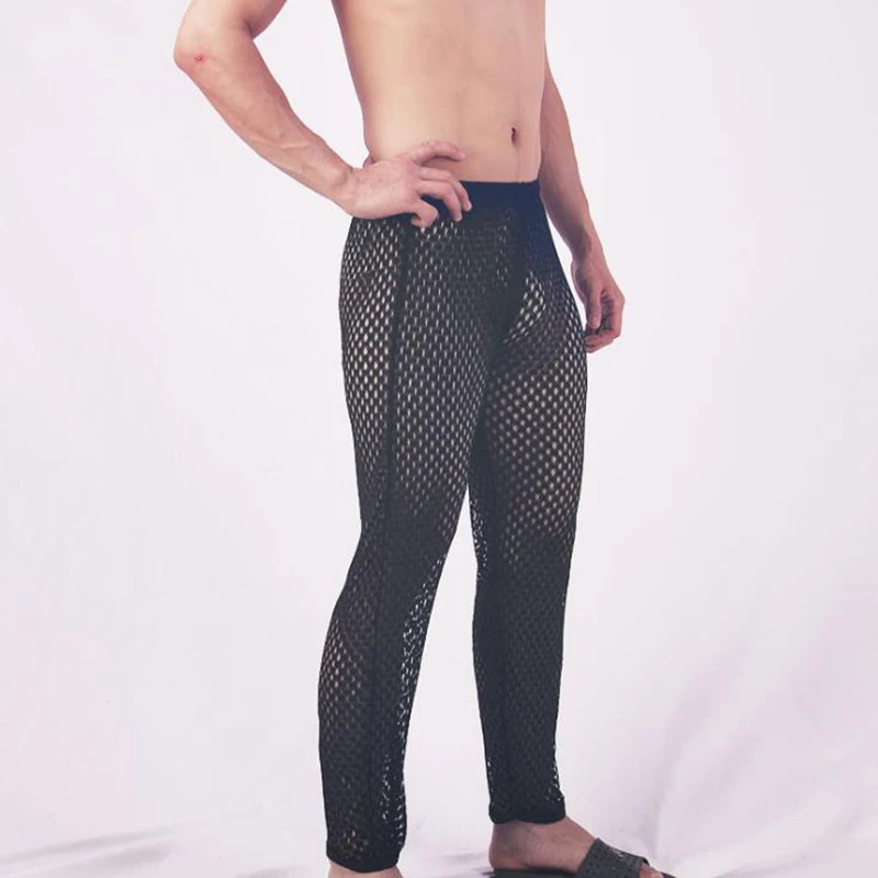 Men's Sheer Fishnet Tight Pants Home Lounge Pants Long Johns Underwear Trousers