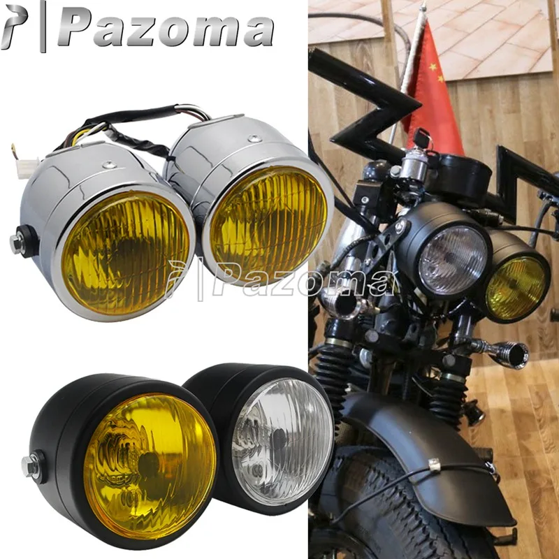 12V Twin Dominator Dual Headlight Retro Head Lamp Doppio Faro Per Cafe Racer Scrambler Dual Sport Street Bike Chopper Custom