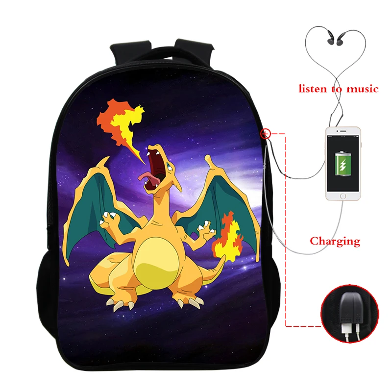 165-dff-11-15-132 Galaxy Charizard рюкзак с зарядкой через Usb 16 дюймов Pokemon дорожные сумки через плечо Водонепроницаемая школьная сумка для мальчиков и девочек - Цвет: 165-dff-11-15-132