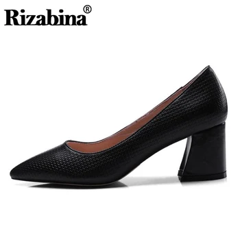 

Rizabina Women Genuine Leather Brand Pumps Pointed Toe Square Heels Office Ladies Shoes Women Work Spring Pumps Size 34-39