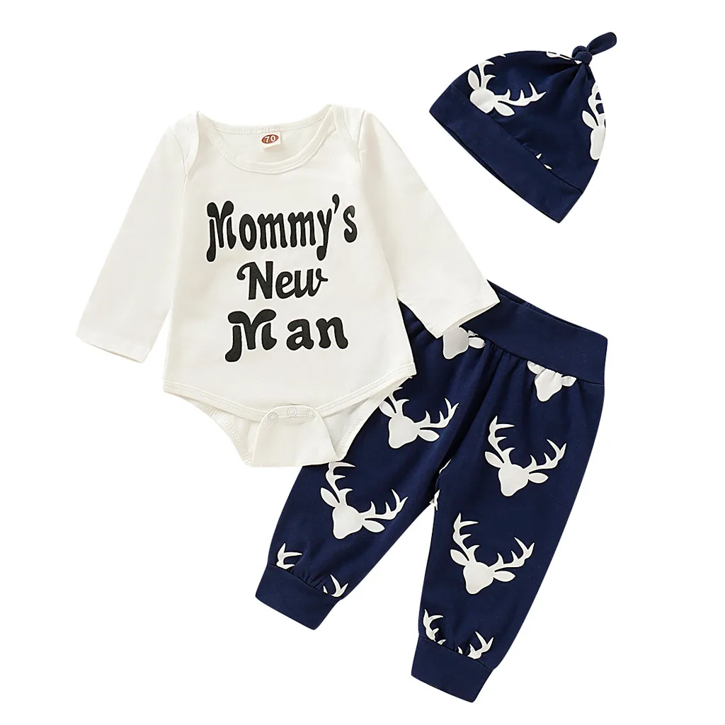 Newborn Baby Boy Girl Clothes Infant Letter Bodysuit Deer Printing Pants Hat 3PCS Outfits Baby Boys Girls Set Clothing For Baby - Цвет: Белый