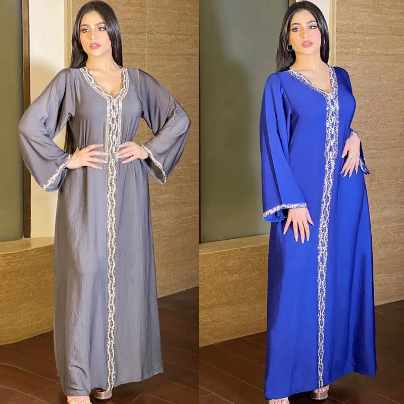 

Luxury Women Muslim Long Dress Rhinestone Party Evening Abaya Islamic Clothing Arabic V-neck Middle East Robe Moroccan Kaftan