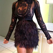 Черные коктейльные платья трапециевидной формы с высоким воротником и длинными рукавами, с аппликацией перьев, кружевные Элегантные платья для выпускного вечера