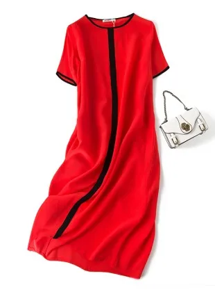 new 19 momme silk dress trimmed stitching - Цвет: Красный