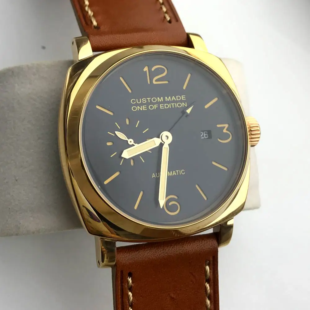 

Men's 47MM watch seagull automatic movement gold stainless steel case luminous handmade leather strap 541