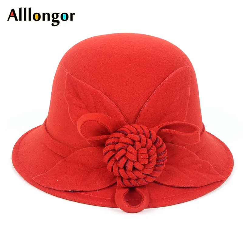 Зимняя фетровая шляпа в стиле ретро для женщин, женская шляпа, Цветочная шляпа Sombrero mujer, шляпа-котелок, винтажная официальная шерстяная фетровая шляпа, шляпы - Цвет: Orange