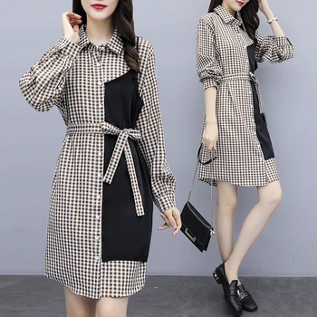 

Patchwork Dresses For Women Plus Size Plaid Loose Dress Long Sleeve Korean Ladies Dresses Contrast Splicing Vestidos De Fiesta