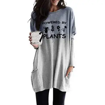 

Fashion T-Shirt For Women Gradient Long Sleeve Pocket T-Shirt Powered Plants Letters Print Tshirt Plus Size Top Cropped