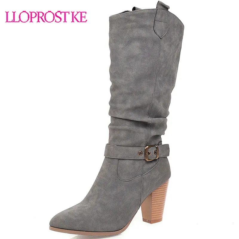 

Lloprost ke Fashion 2019 Winter Western Cowboy High Heel Boots Black Gray Buckle Womens Shoes Slip on Ladies Riding Botas