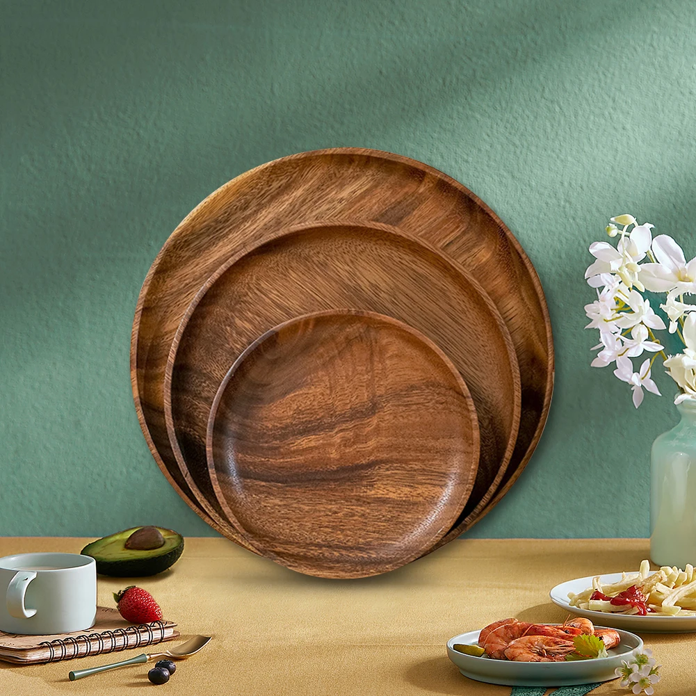 Wood Hand-made Acacia Dinner Plates Unbreakable Round Wood Plates for Fruits Dishes Snacks Dessert Serving Tray Tableware