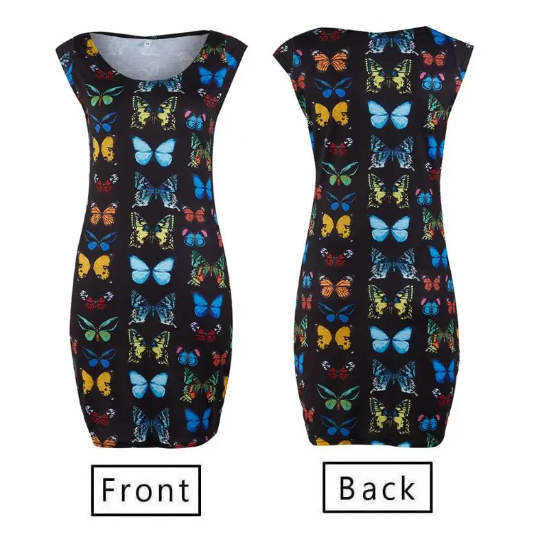 

Women Bodycon Strech Sleeveless Evening Party Butterfly Printed Wrap Pencil Mini Dress