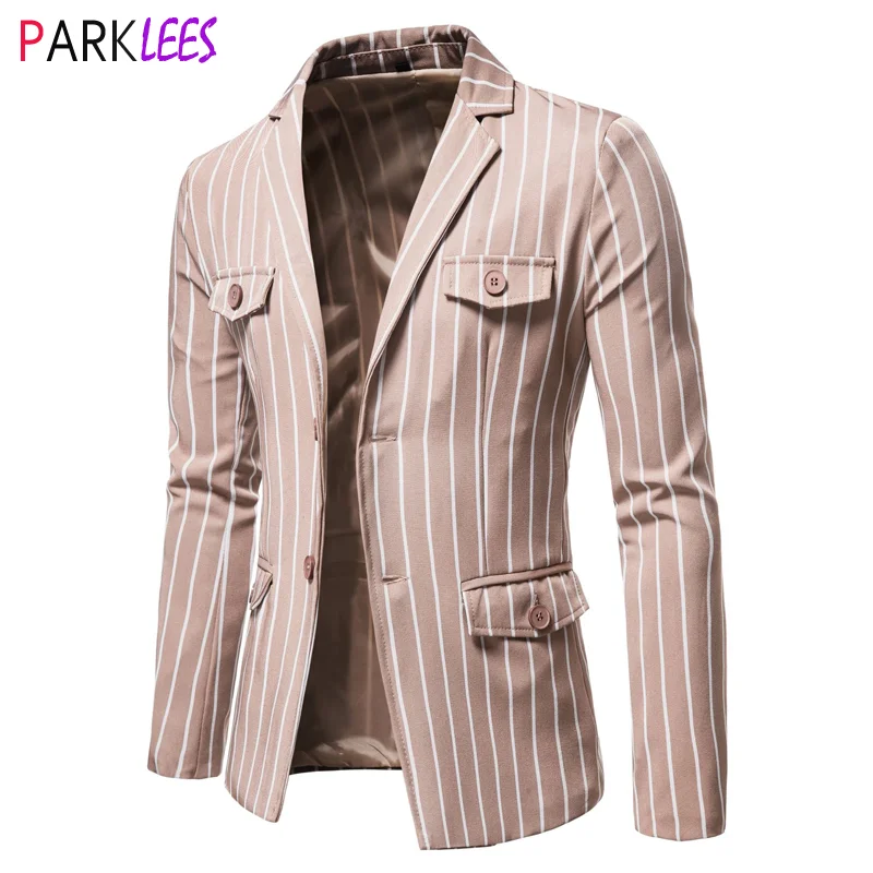 Blazers Men Slim-Fit Business Notched Formal 4-Pockets Striped Casual Masculino Lapel