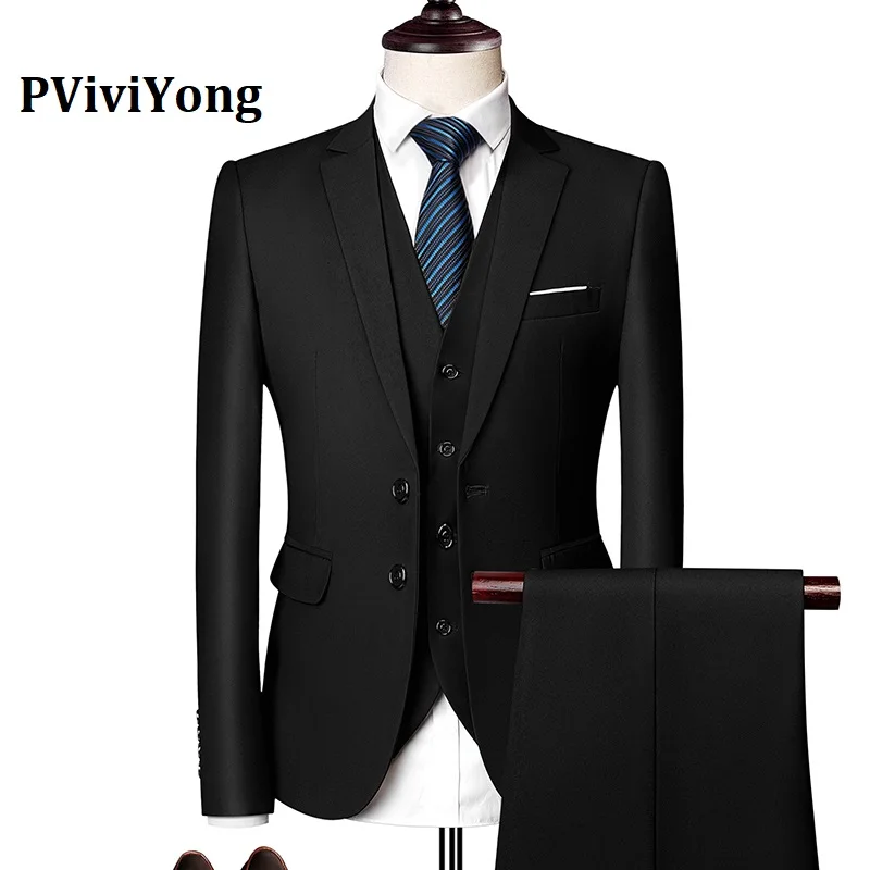 PViviYong brand high quality suit men，wedding Dinner party interview suit Three-piece(Jackets+ Vest+ Pants) 533 - Color: Black