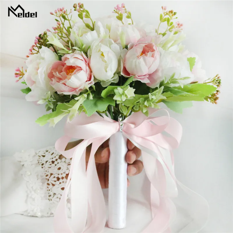 Meldel Bridal Wedding Bouquet Flower Bridesmaids Holder Artificial Silk Peony Pink Flower Bouquet Handmade Peony Wedding Decor