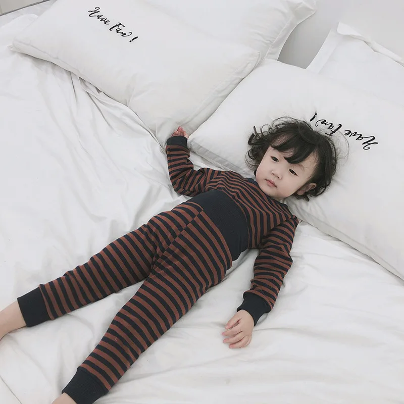 Детское термобелье; детский пижамный комплект; длинное хлопковое теплое зимнее нижнее белье для мальчиков и девочек; детская одежда для сна; детская одежда в полоску