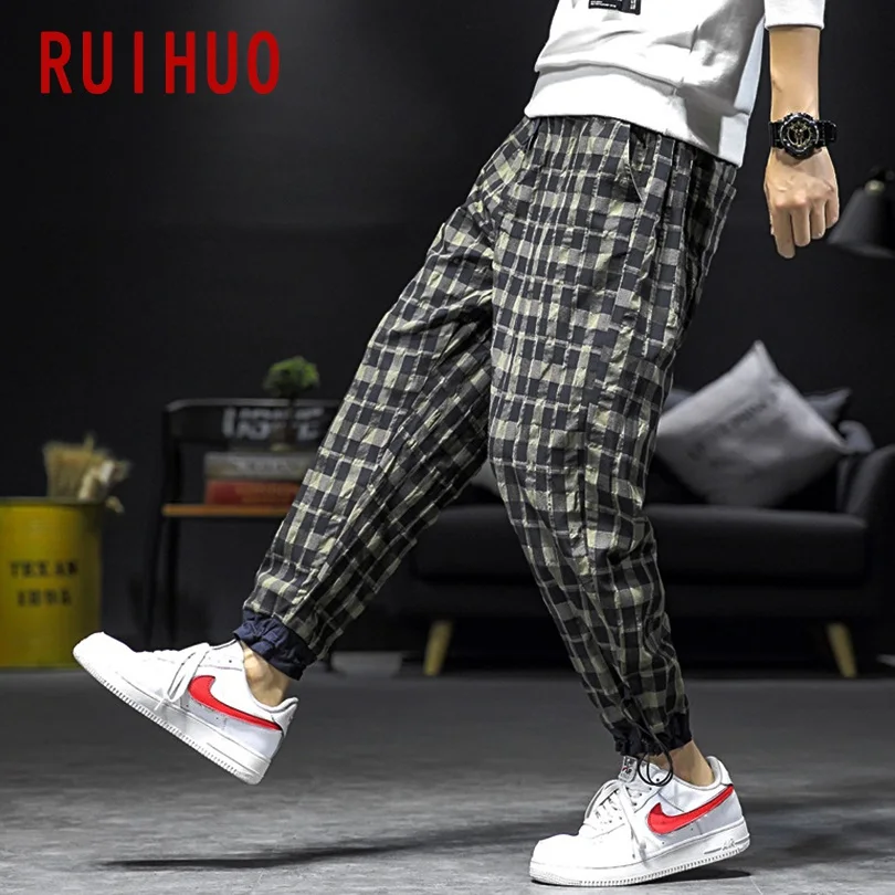 Black RUIHUO клетчатые брюки мужская Японская уличная одежда Спортивные штаны мужские модные бегуны брюки мужские тренировочные хип-хоп 5XL осень - Цвет: Black