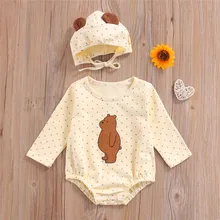 

0-12 Months Newborn Baby Long Sleeve Bodysuits Bear Dot Print Rompers With Cartoon Ears Cotton Cap Autumn Boy Girl Clothing