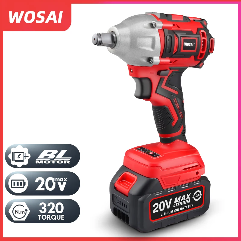 Chave de Impacto Chave de Soquete 20v sem Fio Wosai Brushless Chave Elétrica m 4.0ah li Bateria Mão Broca Instalação 320n.