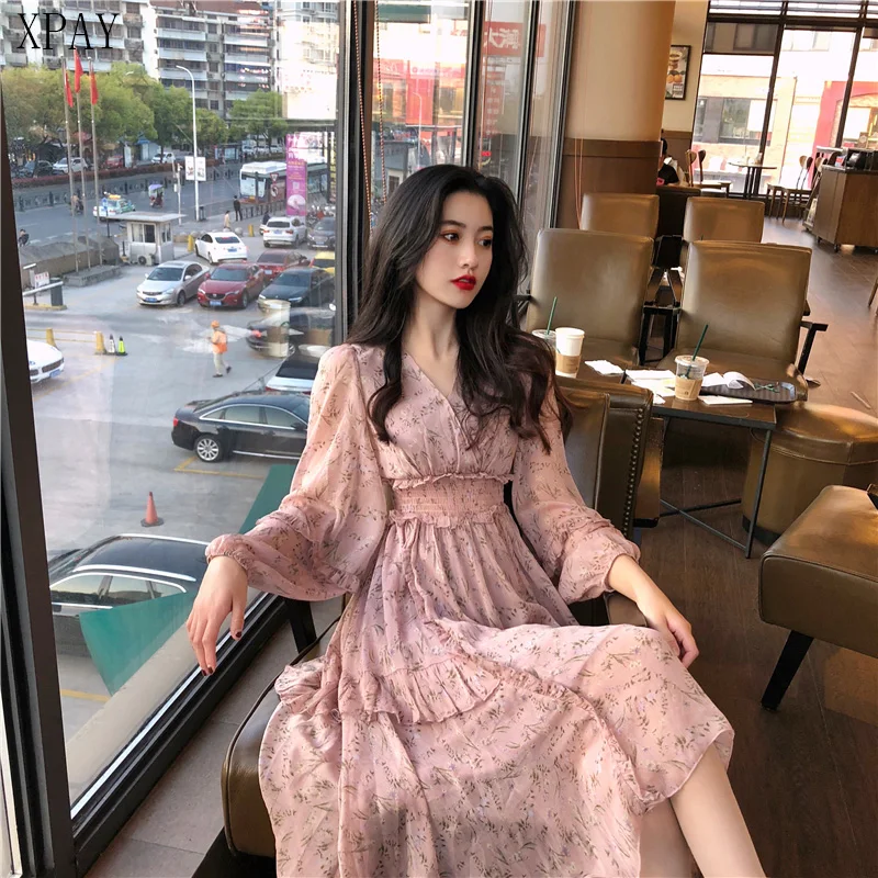 

Ruffles Vestidos Femme 2020 Elegant V-Neck Flower Print Women Chiffon Dress Elastic Waist Irregular Hem Women Dress