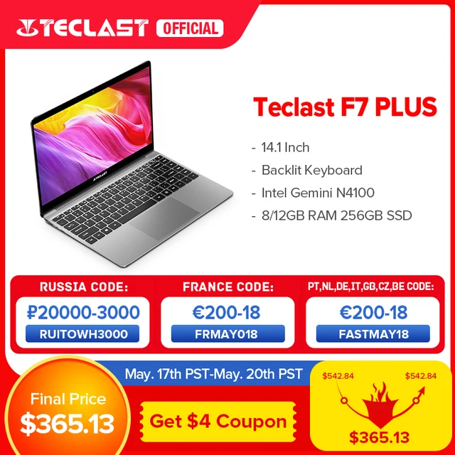 Teclast F7 Plus 14.1" 8GB/12GB RAM 256GB SSD Laptop FHD 1920 x 1080 Intel Gemini Lake N4100 Windows 10 Backlit Keyboard Notebook 1