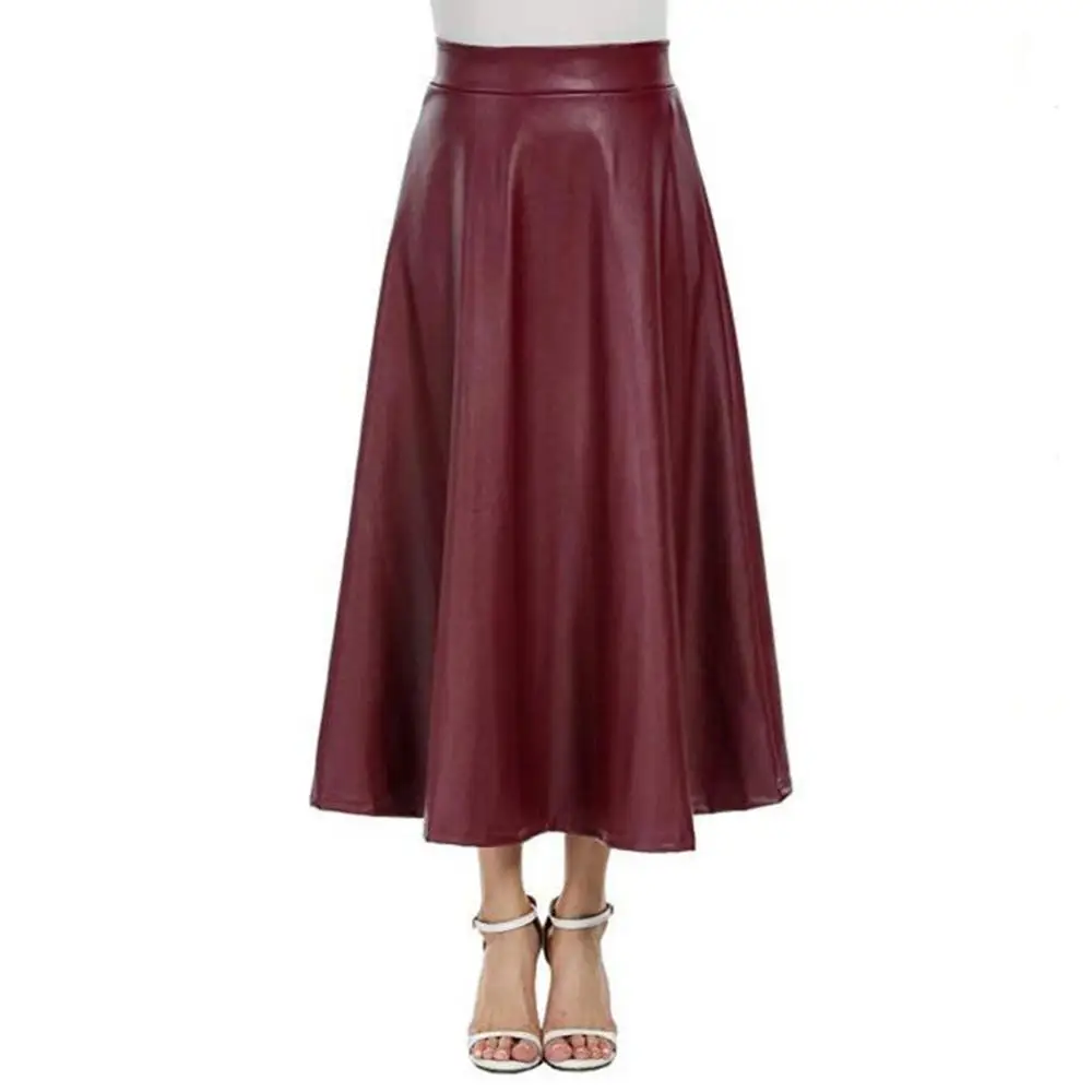 Модная женская одноцветная искусственная кожа Высокая талия молния большая качающаяся длинная юбка - Цвет: Wine Red