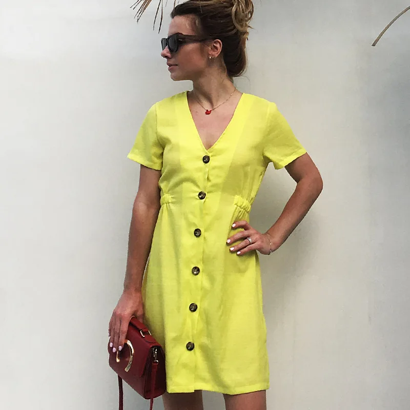 

2019 Summer AliExpress Amazon Wish Cross Border New Style WOMEN'S Dress Solid Color V-neck Slim Fit Single Row Button Dress