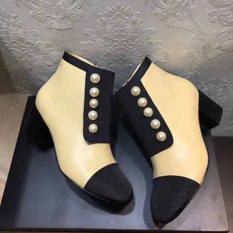 

New Thick Heel Martin Boots Leather Pearl Side Zipper Round Toe Short Tube Ankle Boots Mix Color Patchwork Brand Shoes