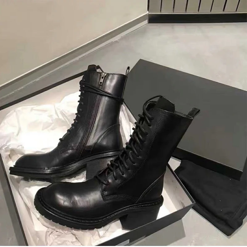 Runway Motorcycle boots Woman Chunky Heels Genuine Leather Ankle Boots Women Fashion Women's Round Toe Punk Boots