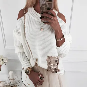 

Women's Sweater Autumn Spring Sequins Fashion Round Collar Off Shoulder Long Sleeved Slim Casual Sweater White Khaki XL:
